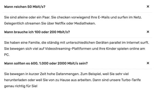 Screenshot einer Entscheidungshilfe: Suggeriert mind. 600 Mbit/s für Home-Office